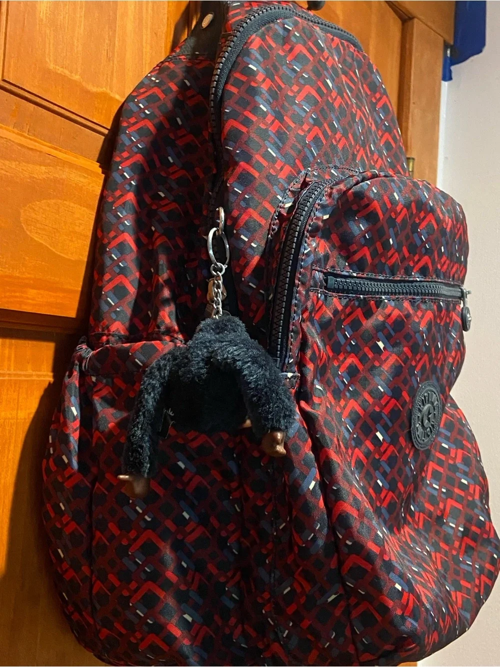 Kipling Red and Black Geometric Pattern Backpack